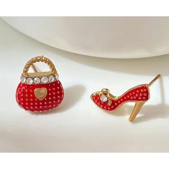 NWT 14K Gold Plated Red Rhinestone High Hell Purse Dainty Earrings - Picture 4 of 4